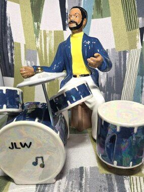 Jazz Band #4 - African American Drummer And Drum Set Porcelain Figurines Signed